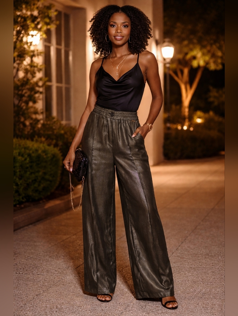 Twin-Set Luxe Metallic Olive Wide Leg Silk-Feel Pants L